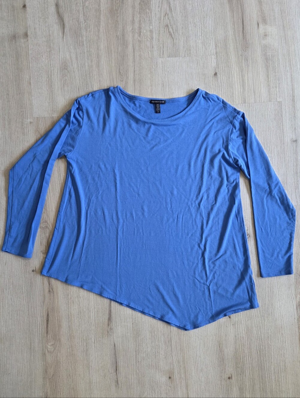 Eileen Fisher Tunic Top Size L Blue Long Sleeve Asymmetric Hem Stretch Knit